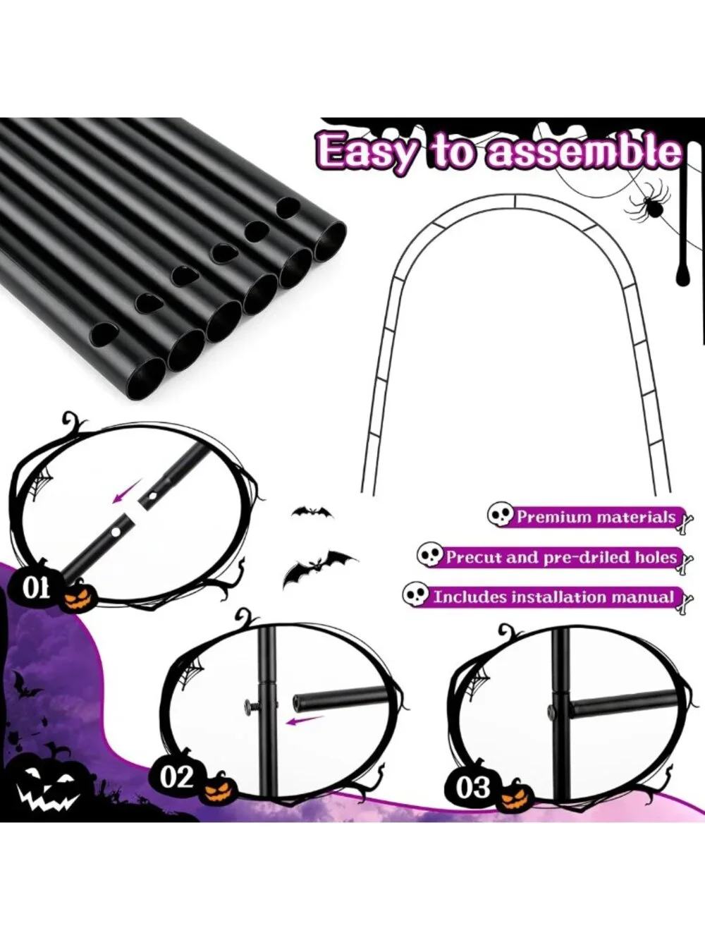 Halloween Outdoor Arch Decor Set - 7 Pcs with Spiders & Tinsel Garland